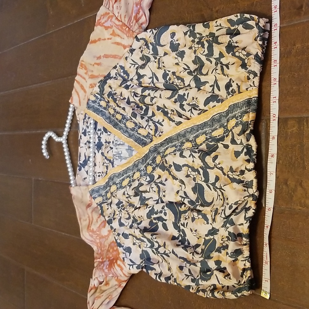 Free People Orange Gray V Neck Flounce Longsleeve Blouse Wrap Printed Shirt Top - Picture 12 of 14